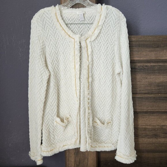 Chico's Sweater Blazer Women's 2 L 12 Gold Chain‎ Knit Sweater Jacket Classic - Picture 1 of 16
